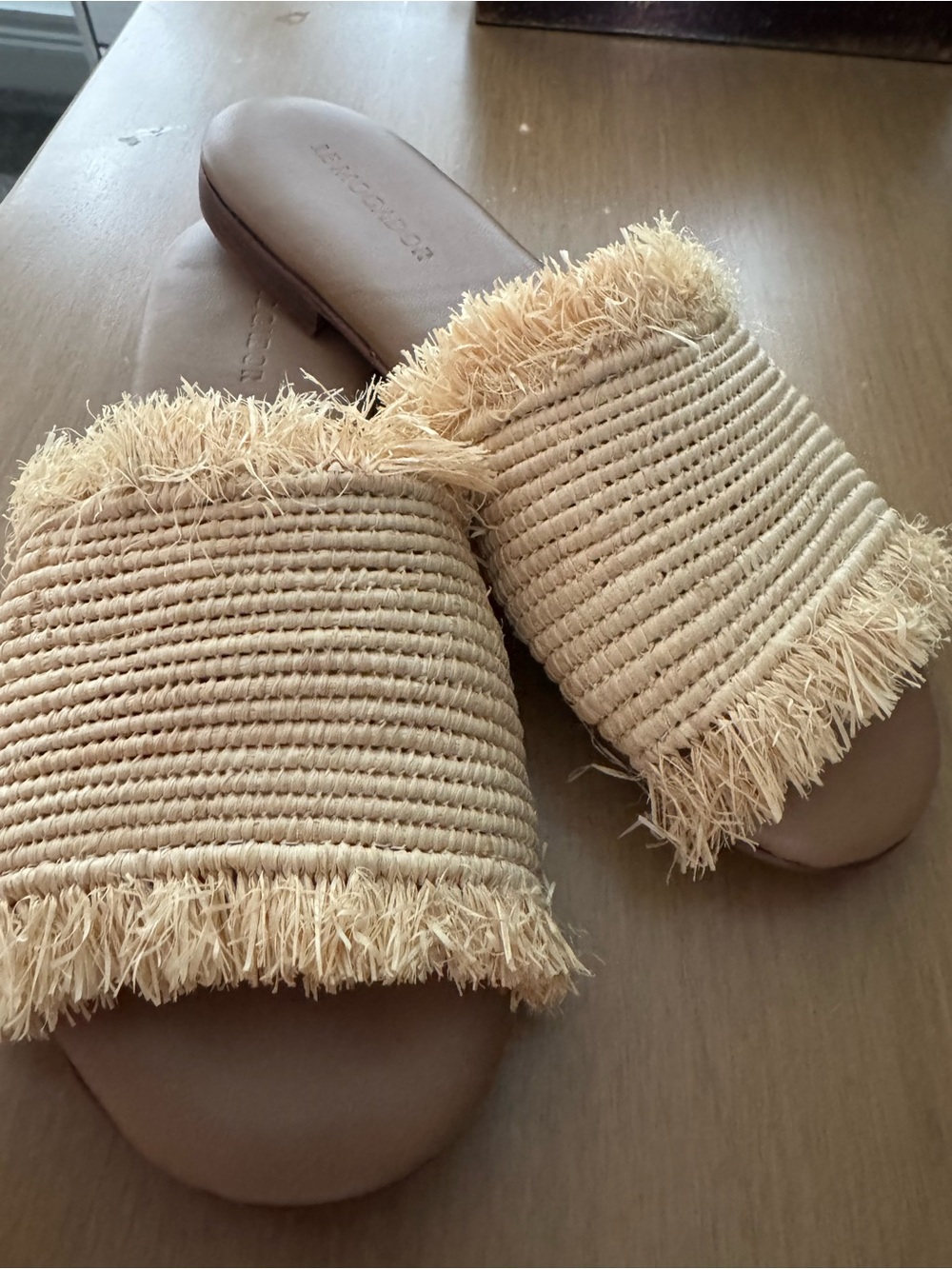 Fringed Raffia Slide Sandals in Natural Tan